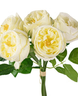 Le bouquet de roses artificielles "Carmen" Real Touch Cream White 36 cm comprend cinq roses artificielles blanc crème avec des feuilles et des tiges vertes luxuriantes, liées ensemble avec de la ficelle, sur un fond blanc.