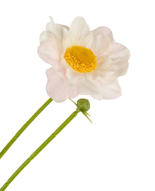 Un collier de roses artificielles Real Touch Blanc/Rose 50 cm a une seule fleur rose clair et blanche avec un centre jaune, une tige verte et un bourgeon fermé, le tout isolé sur un fond blanc.