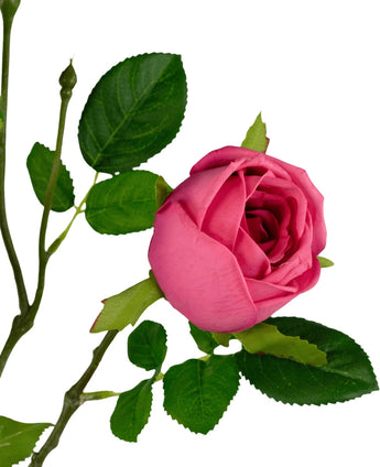 La Branche de Rose Artificielle Real Touch rose foncé 72cm présente une seule rose rose foncé avec des feuilles vertes et un bourgeon sur une tige, sur un fond blanc.