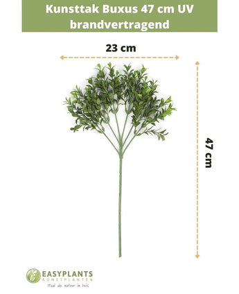 Branche artificielle Buxus 47 cm ignifugée UV, 23 cm de large, avec feuilles vertes en plastique sur plusieurs branches. Spécifications et dimensions en néerlandais, avec la marque EasyPlants en bas.