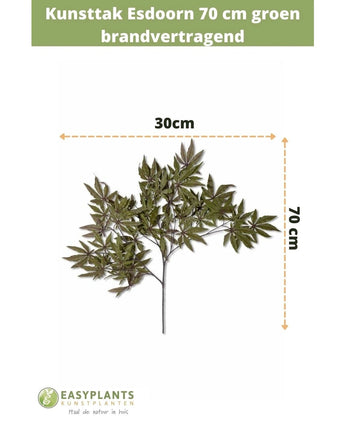 Branche d'érable artificielle de 70 cm verte ignifugée, de 30 cm de large, sur fond blanc avec indication de taille. Texte en haut, logo Easyplants Kunstplanten en bas. Idéal pour un accent automnal dans votre intérieur.