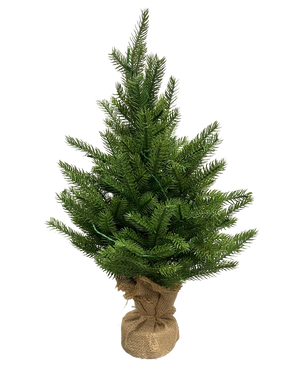 Le Sapin de Noël Artificiel Mini "Munchi" 60 cm 100% PE - Smart LED est un petit sapin de Noël artificiel vert avec des aiguilles au toucher réel, une base enveloppée de jute et se tient debout sur un fond blanc uni.
