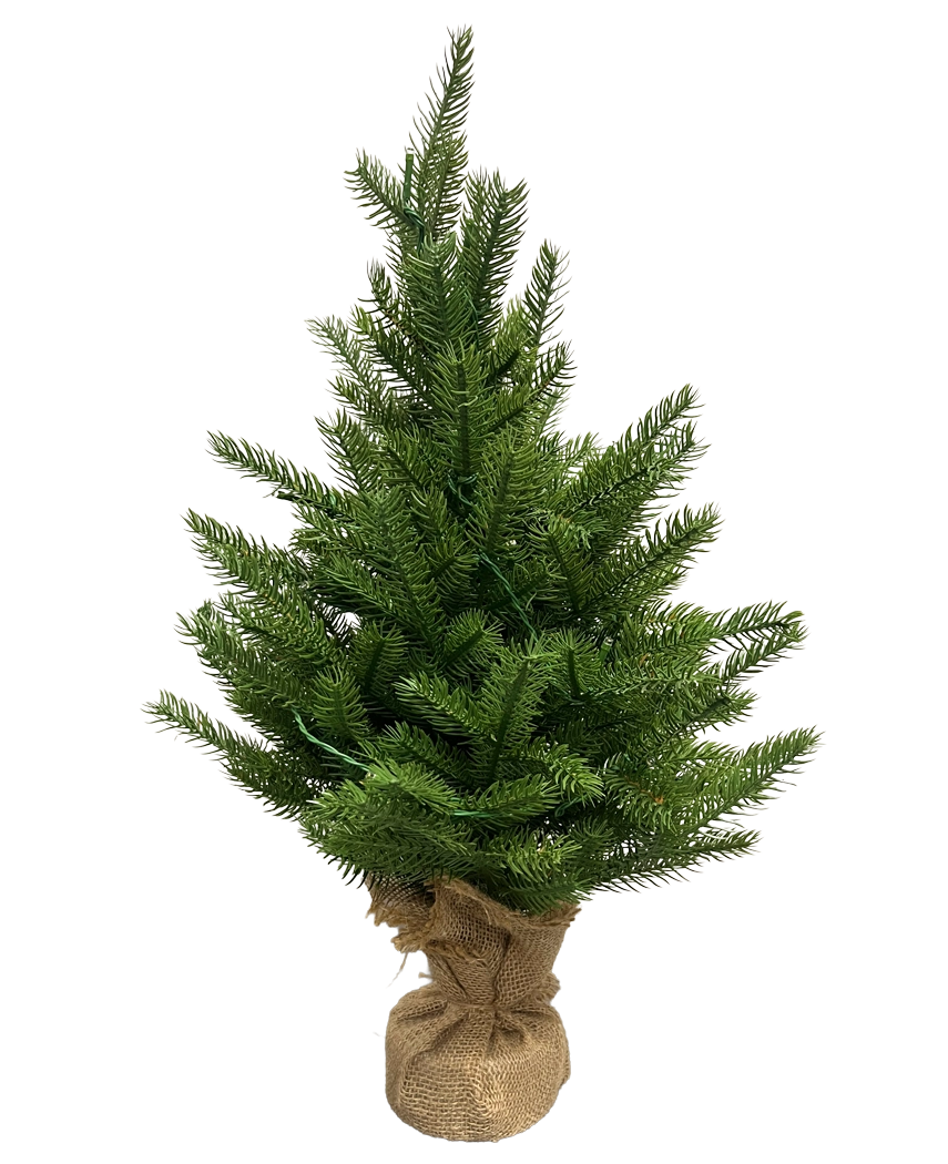 Le Sapin de Noël Artificiel Mini "Munchi" 60 cm 100% PE - Smart LED est un petit sapin de Noël artificiel vert avec des aiguilles au toucher réel, une base enveloppée de jute et se tient debout sur un fond blanc uni.