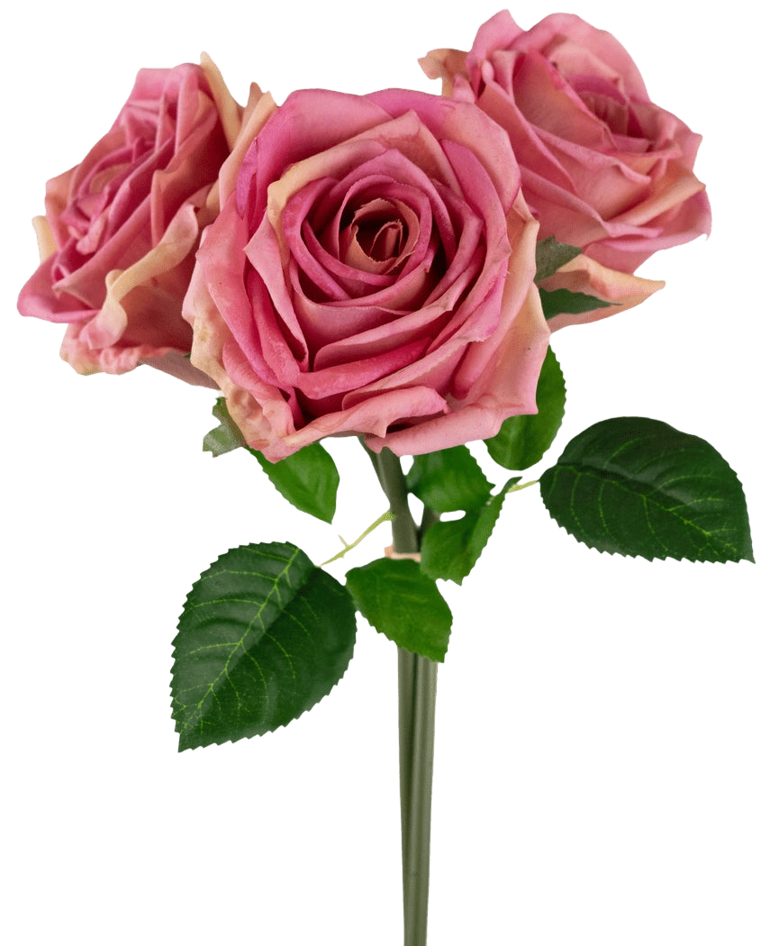 Le bouquet de roses artificielles Real Touch Old Pink 30 cm comprend trois roses artificielles roses avec des feuilles et des tiges vertes, joliment disposées sur un fond blanc uni.
