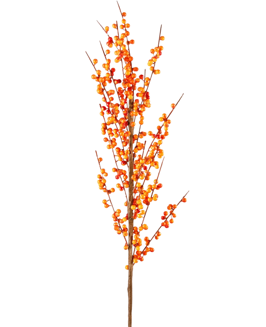La Branche Artificielle Ilex 100 cm orange possède une seule branche haute avec de nombreuses petites baies oranges sur de fines tiges brunes, sur un fond uni blanc.