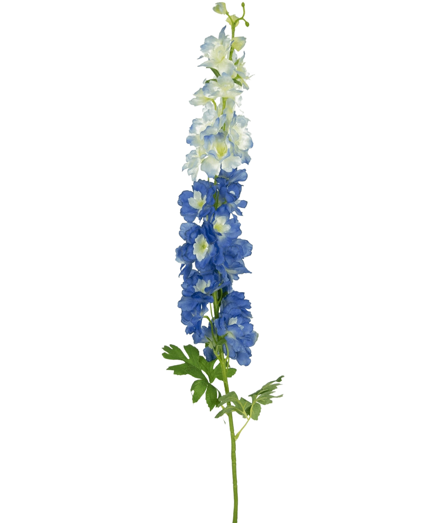 La Fleur Artificielle Delphinium 105 cm bleue a une seule longue tige avec des fleurs bleu-blanc et des feuilles vertes, sur un fond blanc uni.