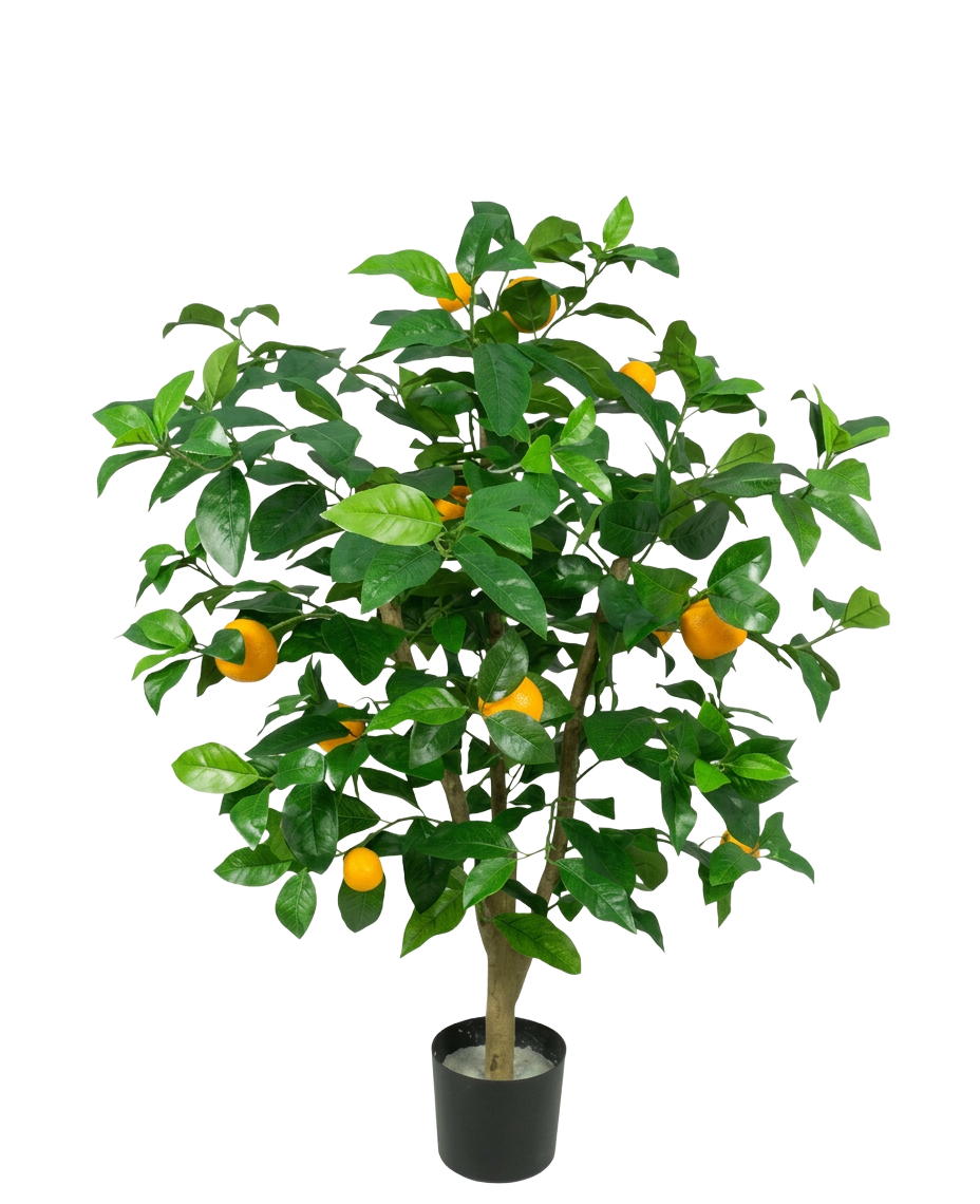 Un citronnier artificiel de 90 cm avec des feuilles vertes vibrantes et des citrons jaunes réalistes, sur un fond blanc uni.