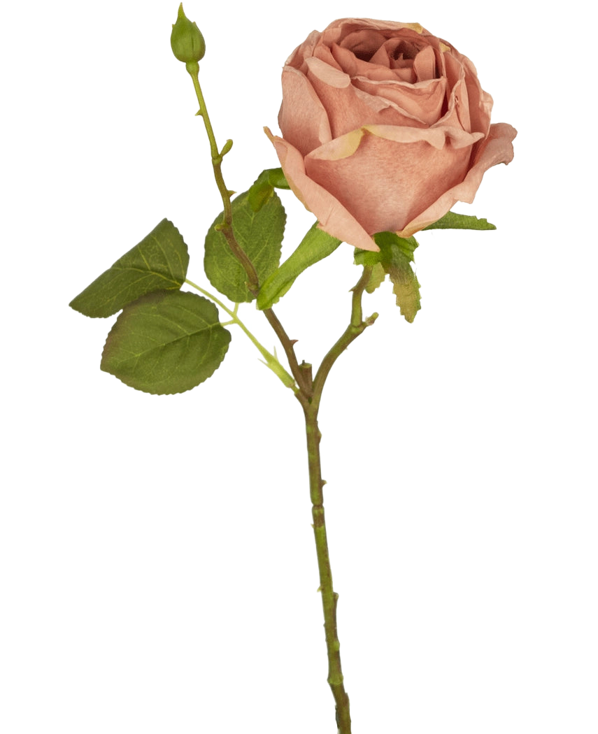De Kunstroos Deluxe 45 cm roze heeft een gesloten knop, groene bladeren en een lange steel, en wordt getoond tegen een effen witte achtergrond.