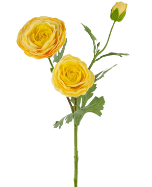La Rose Artificielle "Emine" Real Touch Jaune 62 cm a une tige unique avec deux fleurs jaunes épanouies et un bourgeon fermé, agrémenté de feuilles vertes, sur un fond blanc.