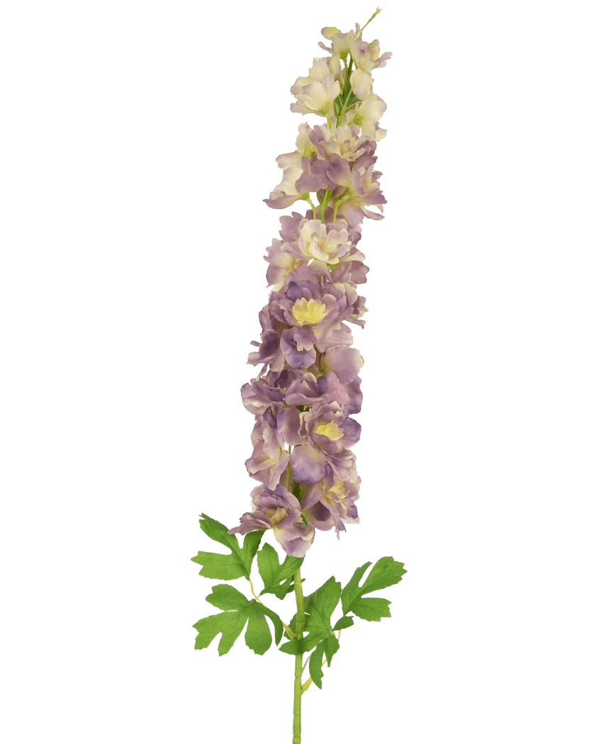 La Fleur Artificielle Delphinium 105 cm lilas est une tige artificielle de fleurs de delphinium violet clair et crème aux feuilles vertes, sur fond blanc.