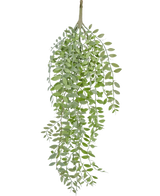 La plante artificielle suspendue Pumila/Eucalyptus 76 cm a des feuilles vertes étroites et des tiges fines qui tombent sur un fond blanc uni.
