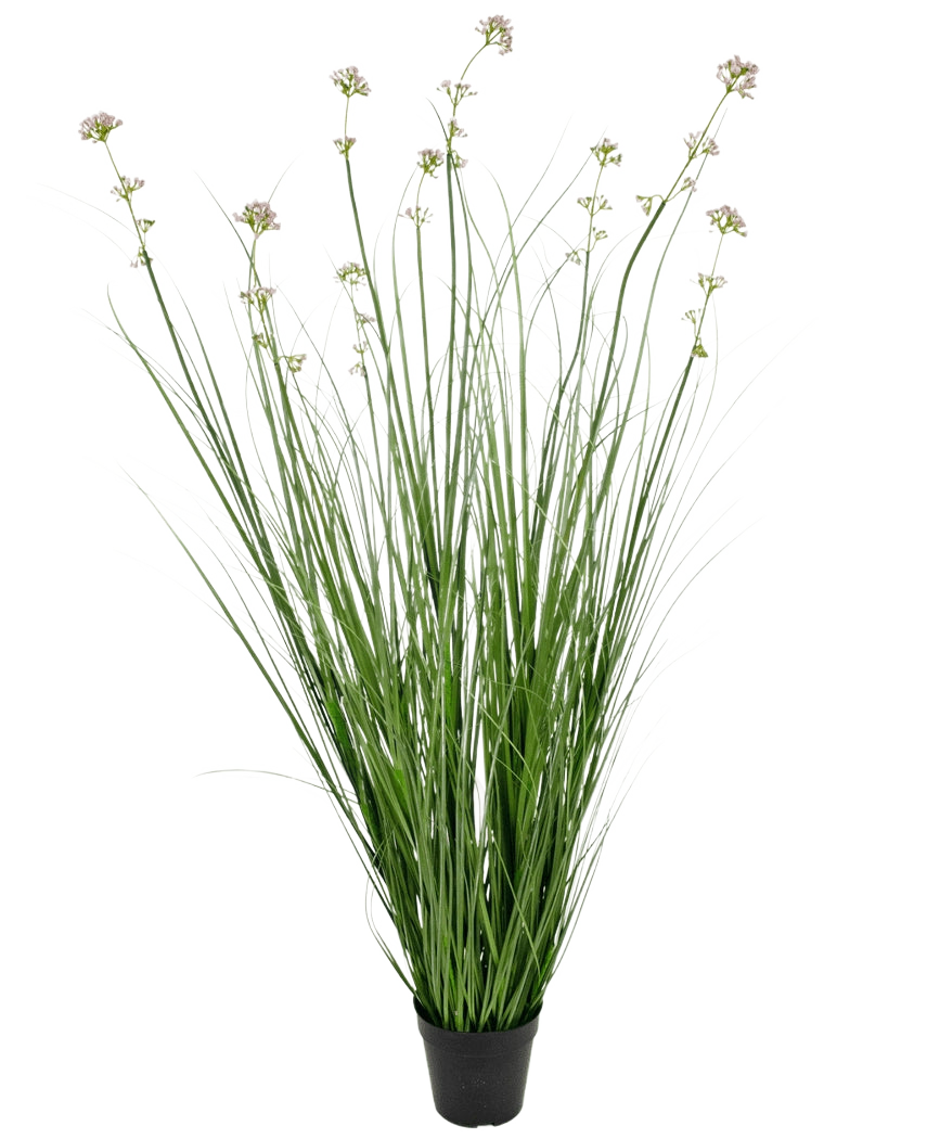 Le pot d'herbe artificielle de poireaux, de fleurs et d'oignons de 120 cm ignifuge a de longues feuilles vertes ressemblant à de l'herbe et de longues tiges avec des grappes de fleurs violet clair, parfaites pour ajouter une verdure réaliste à n'importe quel espace.