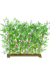 Le paravent en bambou pour plantes artificielles UV 70x120 cm a des feuilles vertes réalistes et des tiges de bambou naturelles dans une base rectangulaire en bois, parfait comme paravent décoratif.