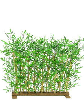 Le paravent en bambou pour plantes artificielles UV 70x120 cm a des feuilles vertes réalistes et des tiges de bambou naturelles dans une base rectangulaire en bois, parfait comme paravent décoratif.