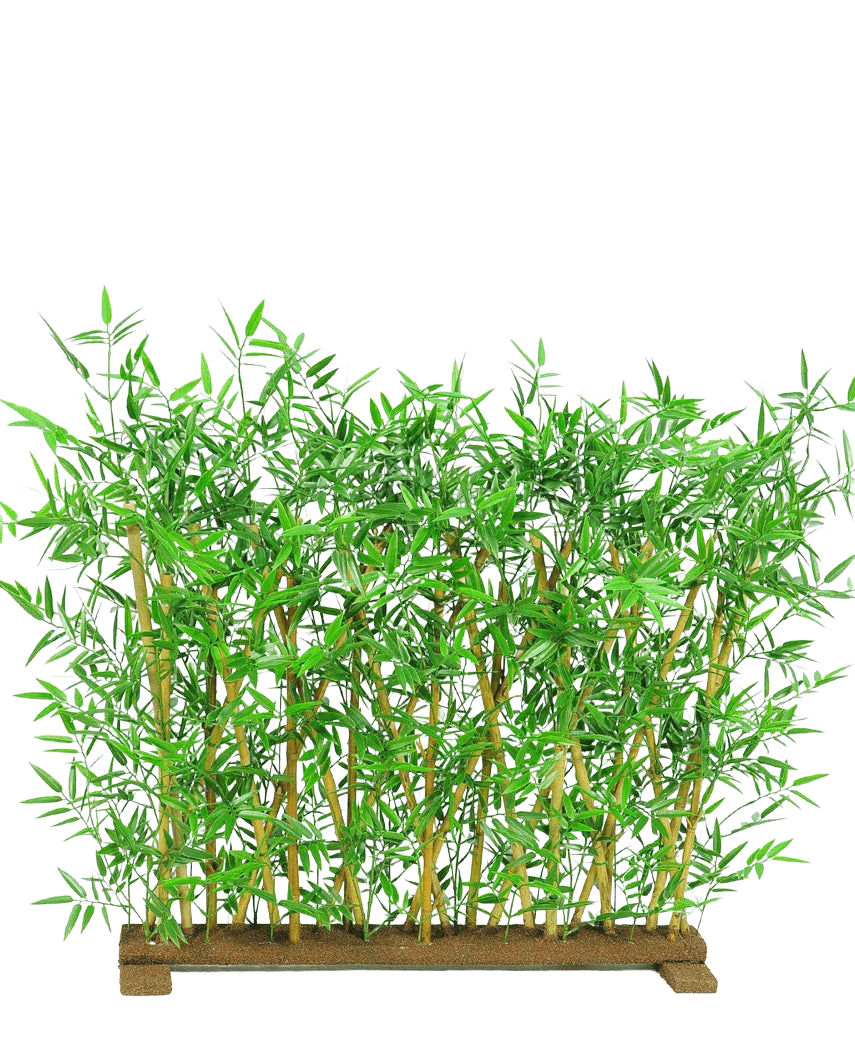 Le paravent en bambou pour plantes artificielles UV 70x120 cm a des feuilles vertes réalistes et des tiges de bambou naturelles dans une base rectangulaire en bois, parfait comme paravent décoratif.