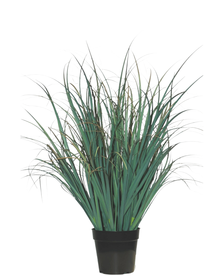 Le gazon artificiel Lawn Green 70 cm ignifuge a de longues et fines feuilles vertes dans un pot noir, sur un fond blanc uni - une plante artificielle élégante parfaite pour les intérieurs modernes.