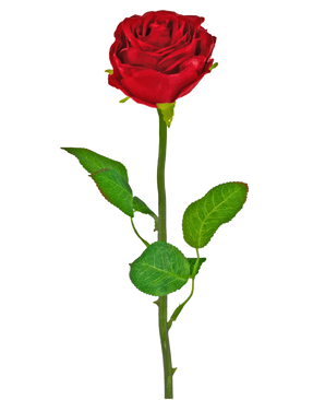La Rose Artificielle Classique 54 cm rouge est une rose artificielle simple rouge avec une tige et des feuilles vertes, sur un fond blanc uni.