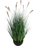 Le bonsaï d'herbe à oignon chenille à gazon artificiel est une plante de gazon artificiel ignifuge de 70 cm de haut avec de fines lames vertes et des épis de fleurs marron clair dans un pot rond noir, parfait pour un intérieur élégant.