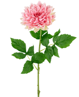Le Kunst Georgine Real Touch Pink 70 cm présente un seul dahlia rose avec des pétales superposés, une longue tige verte et plusieurs feuilles, sur un fond blanc uni.