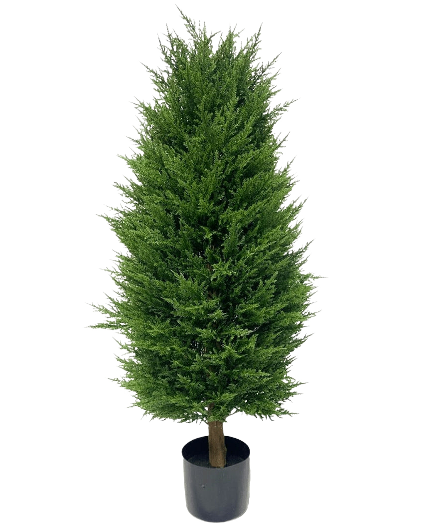 La Plante Artificielle Conifer deluxe UV 100 cm est une petite plante artificielle en pot aux feuilles denses et vert vif et de forme conique, parfaite pour un jardin sans entretien, présentée sur un fond blanc uni.