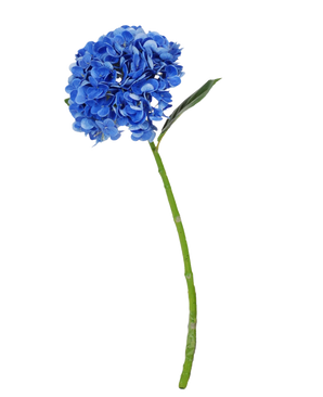 La Fleur Artificielle Hortensia Charlotte Real Touch bleu foncé est un hortensia artificiel bleu unique avec tige et feuilles vertes, de 55 cm de haut, isolé sur fond blanc.