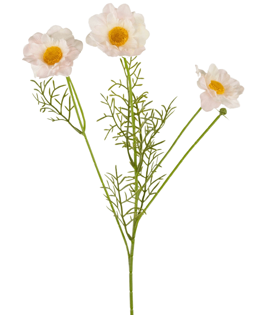 Le collier de roses artificielles Real Touch Blanc/Rose 50 cm a trois fleurs artificielles rose clair et blanches avec des centres jaunes et de délicates feuilles vertes sur de longues tiges, magnifiquement présentées sur un fond blanc uni.