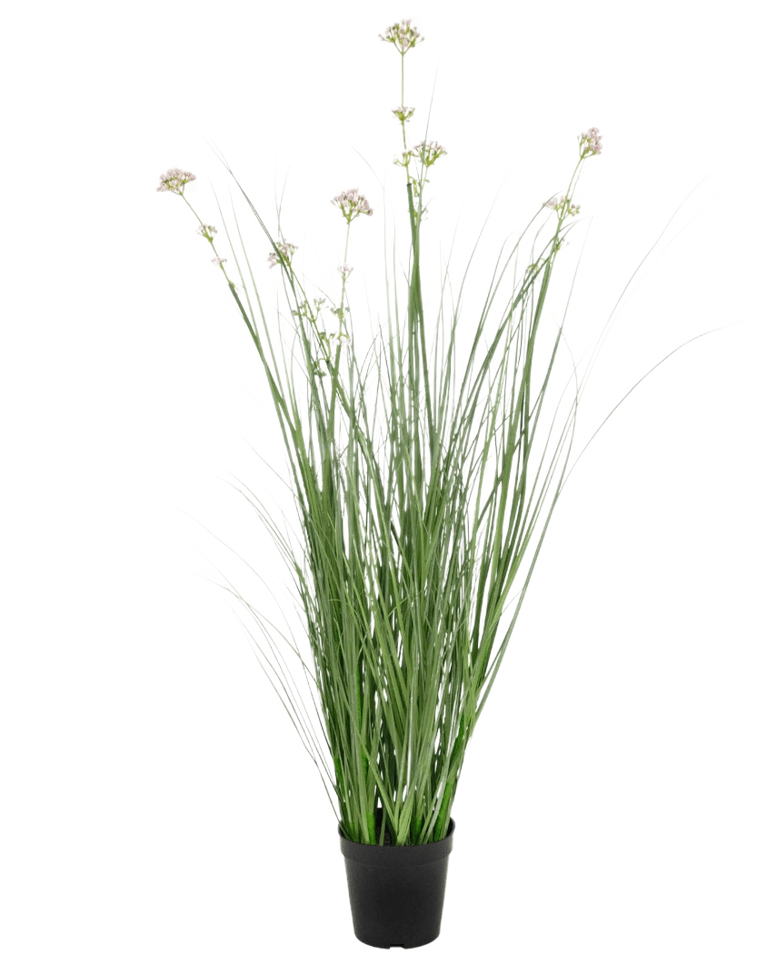 Le gazon artificiel poireau fleur oignon herbe pot 90 cm ignifuge a de longues et fines feuilles vertes et des grappes de fleurs pâles dans un pot noir, sur un fond blanc uni.