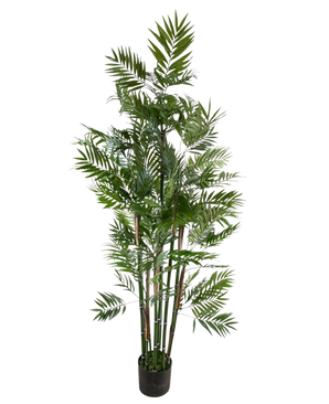 Le salon de plantes artificielles 180 cm est un grand palmier artificiel avec de multiples tiges fines et des feuilles vertes vibrantes dans un petit pot noir, sur fond blanc.