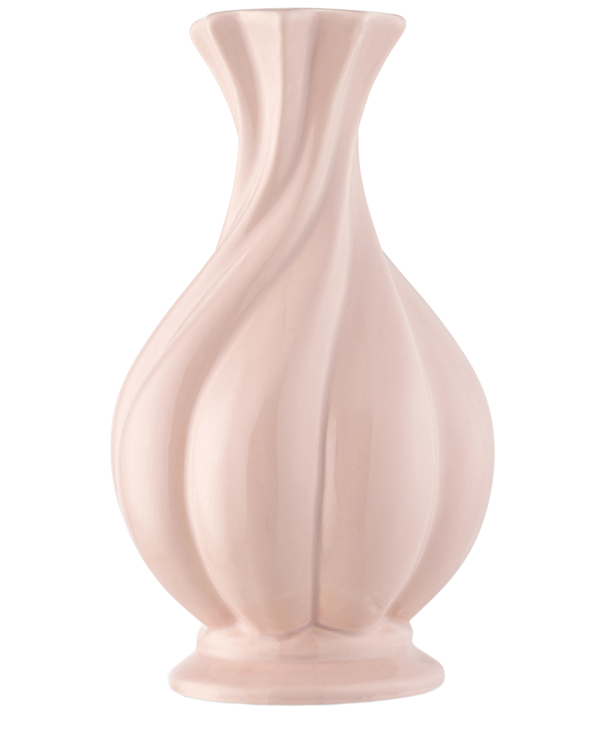 Le Vase Petite Fée 26 cm rose est un vase en céramique rose clair brillant avec un bord évasé et des rainures tourbillonnantes sculptées, idéal pour présenter un bouquet de fleurs artificielles en soie. Sur la photo sur un fond blanc uni.