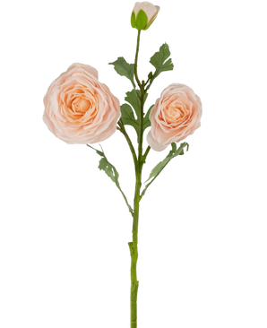 La Rose Artificielle "Emine" Real Touch Peach 62 cm a une seule tige verte avec deux grandes roses artificielles couleur pêche clair en pleine floraison plus un bouton de rose, le tout sur un fond blanc uni.