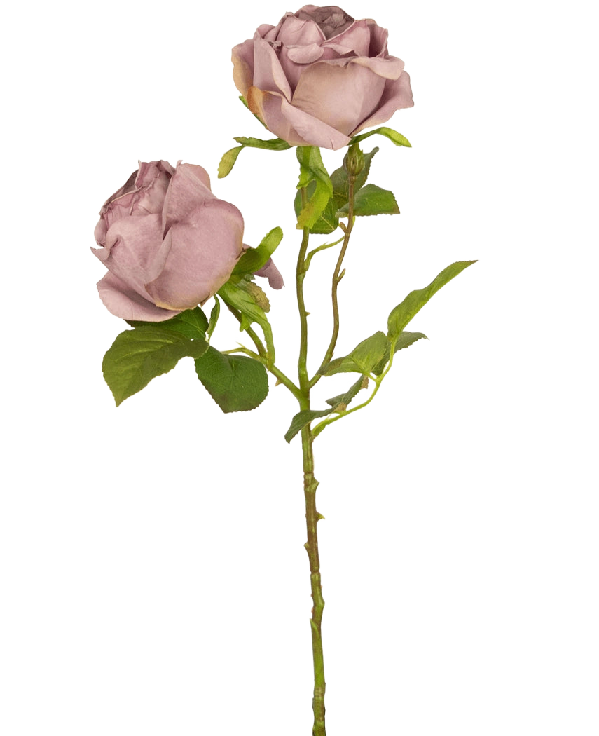 Une seule rose artificielle Deluxe de 55 cm à tige violette avec deux roses mauves poussiéreuses et des feuilles vertes, sur un fond blanc uni.