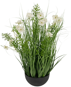 Le pot d'herbe d'oignon de fleur de Gesang blanc de gazon artificiel (56 cm, ignifuge) a de hautes feuilles vertes ressemblant à de l'herbe et de délicates fleurs blanches dans un pot noir pour un aspect luxuriant et naturel.