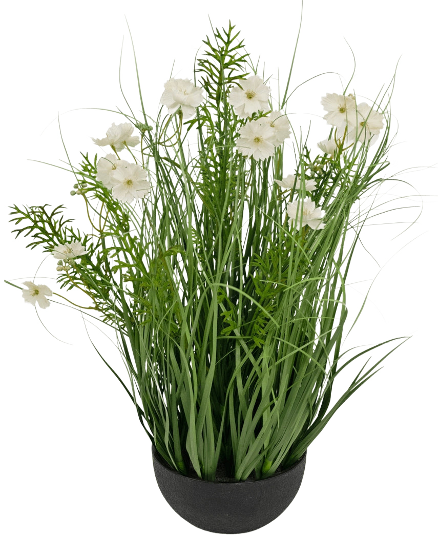 Le pot d'herbe d'oignon de fleur de Gesang blanc de gazon artificiel (56 cm, ignifuge) a de hautes feuilles vertes ressemblant à de l'herbe et de délicates fleurs blanches dans un pot noir pour un aspect luxuriant et naturel.