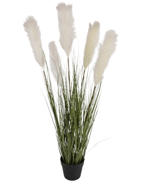 Le pot de gazon en tissu de gazon artificiel de 120 cm ignifuge a de hautes feuilles vertes ressemblant à de l'herbe et des panaches de pampa blancs moelleux dans un pot noir, sur un fond blanc uni.
