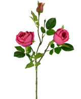 La Branche de Rose Artificielle Real Touch rose foncé 72 cm a une seule tige verte avec deux roses rose foncé en fleurs, un bouton de rose au sommet et plusieurs feuilles vertes sur un fond blanc uni.
