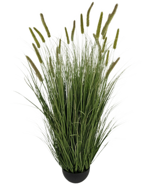 Le pot de gazon artificiel quenouille d'oignon de 150 cm ignifuge a de longues lames vertes réalistes et de hautes têtes de graines dans un pot noir compact, ce qui en fait une plante de gazon artificiel saisissante pour n'importe quel espace.