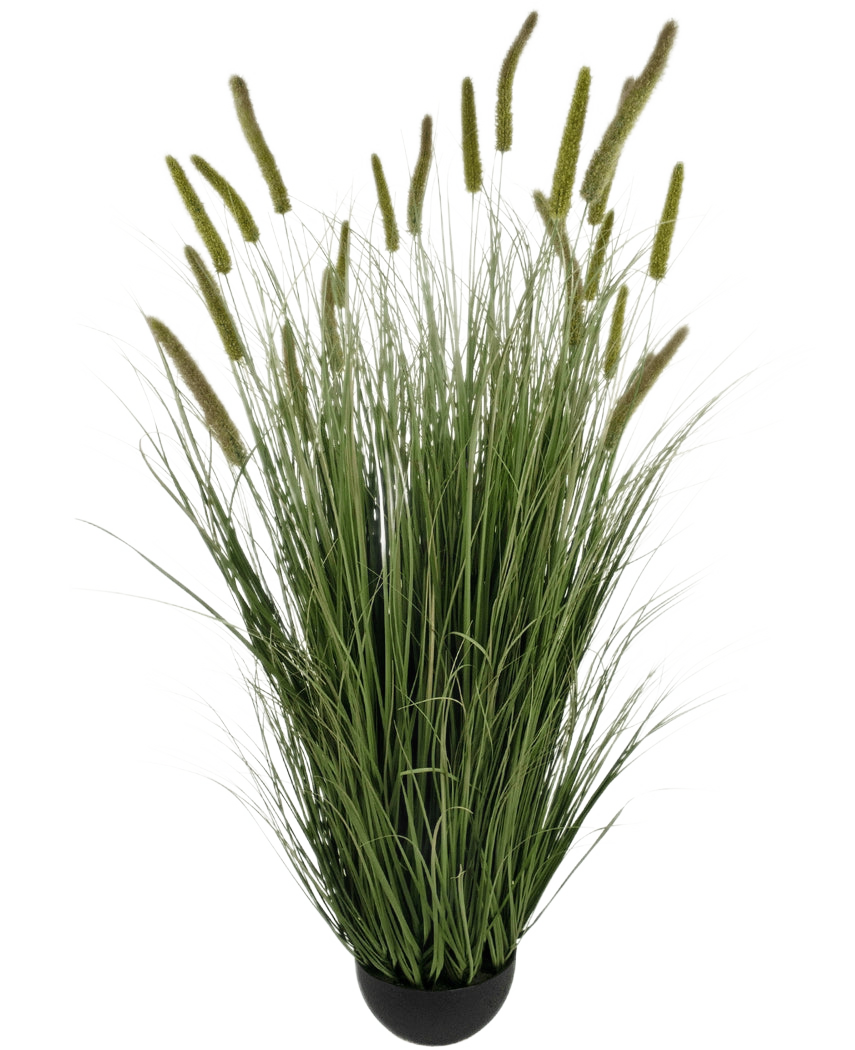 Le pot de gazon artificiel quenouille d'oignon de 150 cm ignifuge a de longues lames vertes réalistes et de hautes têtes de graines dans un pot noir compact, ce qui en fait une plante de gazon artificiel saisissante pour n'importe quel espace.
