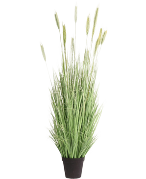 Le gazon artificiel vert 180 cm ignifuge possède des brins verts longs et minces et des épis en forme de blé dans un pot noir - idéal pour une décoration intérieure élégante et une sécurité supplémentaire.