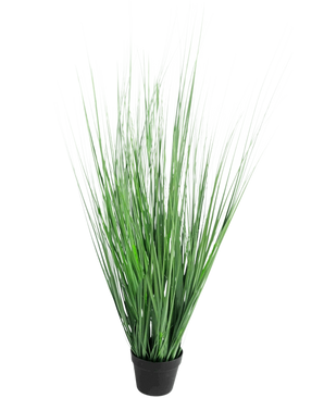 Le Gazon Artificiel Oignon 130 cm ignifuge est une plante graminée ornementale en pot aux feuilles vertes longues et fines, sur un fond uni blanc.