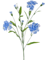 Le bouquet d'œillets artificiels de 70 cm bleu a une tige délicate avec plusieurs fleurs d'œillets bleu clair et des feuilles vertes, sur un fond blanc uni.