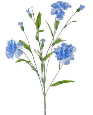 Le bouquet d'œillets artificiels de 70 cm bleu a une tige délicate avec plusieurs fleurs d'œillets bleu clair et des feuilles vertes, sur un fond blanc uni.