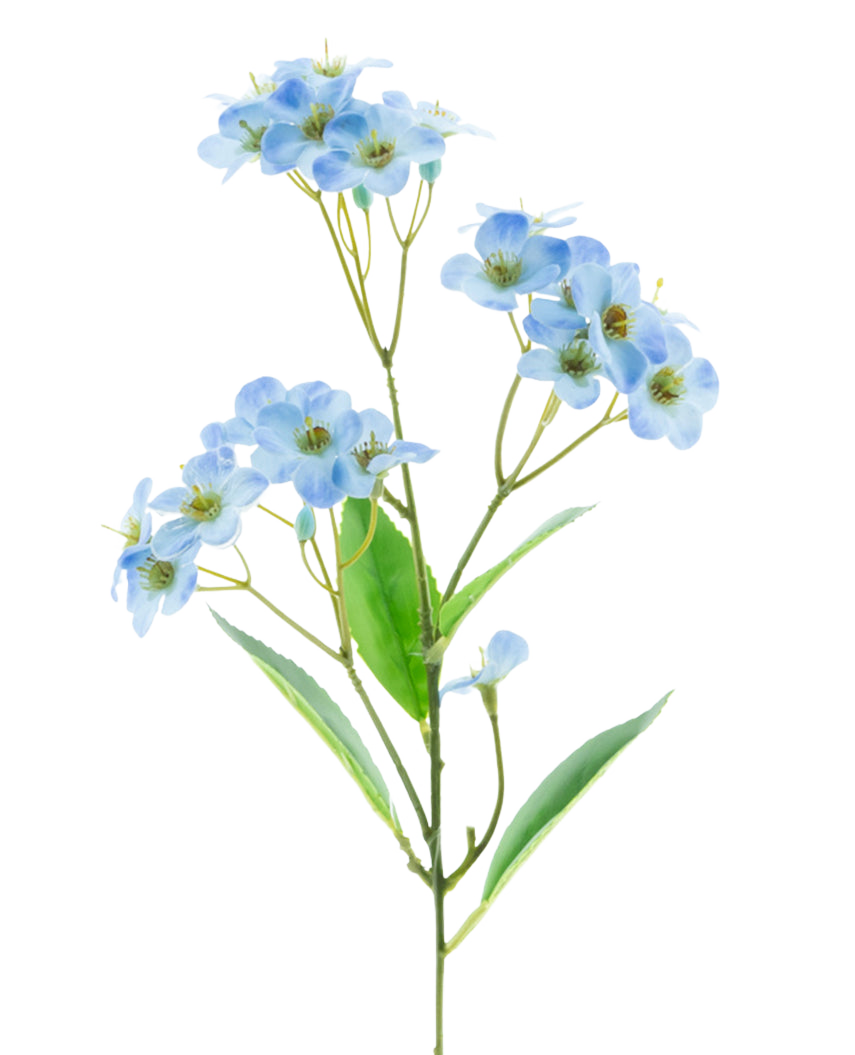 Une orchidée artificielle Real Touch Blue de 50 cm avec des bouquets de délicates fleurs bleu clair et quelques feuilles vertes se dresse sur un fond blanc uni.