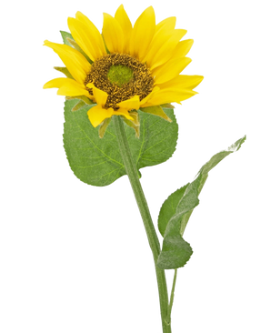 Le Tournesol Artificiel Deluxe 52 cm est un tournesol artificiel aux pétales jaune vif, au cœur marron foncé et aux feuilles vertes sur une longue tige, photographié sur un fond blanc uni.