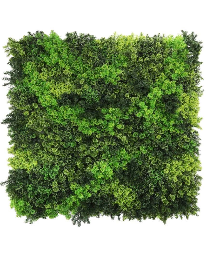 La haie artificielle Fairyland Moss 100x100 cm UV est un panneau carré avec une mousse verte dense et vibrante dans différentes nuances, offrant un aspect texturé et naturel parfait sur un fond blanc.