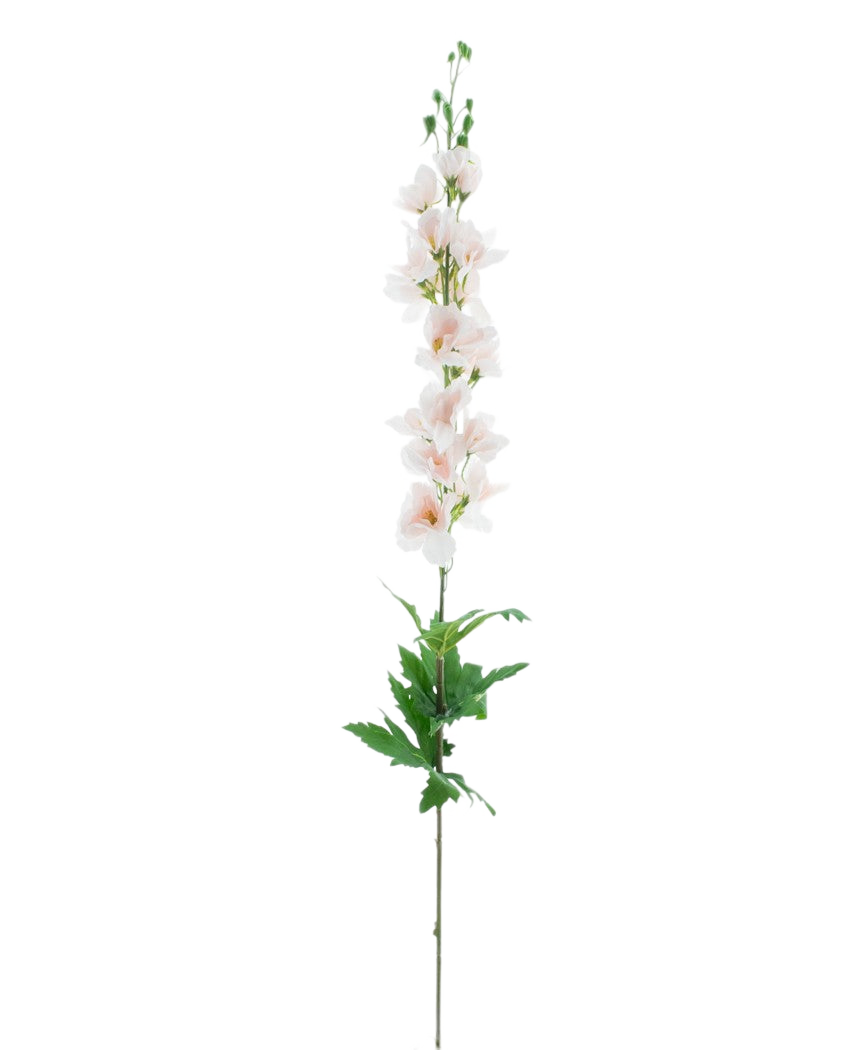 La Fleur Artificielle Larkspur Real Touch champagne pa 90 cm a une seule tige haute avec des fleurs rose clair qui s'épanouissent verticalement et des feuilles vertes à la base, sur un fond blanc uni.