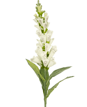 La fleur artificielle Foxglove 90 cm blanche a des feuilles vertes et des fleurs tubulaires blanches tachetées - idéales pour une décoration luxueuse ou comme accent frappant dans un bouquet de fleurs artificielles.