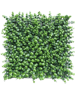 La haie artificielle Eucalyptus 50x50 cm UV est un panneau d'art dense et carré avec des feuilles vertes dans un design en grille, qui forme un mur de feuilles élégant sur un fond blanc uni.
