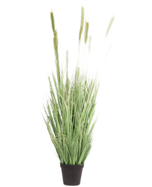 Plante de gazon artificiel vert 160 cm ignifuge a des lames longues et fines et des têtes de graines dans un petit pot noir. Idéale comme fausse plante élégante et ignifuge pour n'importe quelle pièce.