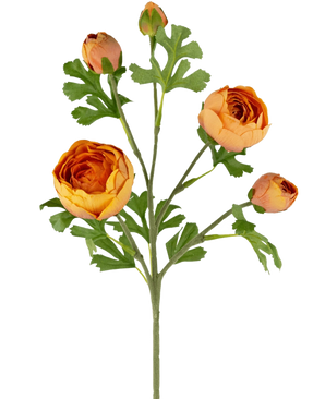 La branche de renoncule artificielle x5 Real Touch Orange 62 cm présente cinq renoncules orange vif à différents stades, complétées par des feuilles vertes luxuriantes et profondément lobées sur une seule tige, sur un fond blanc.