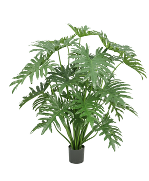 Une plante artificielle Philodendron de 125 cm avec de grandes feuilles vertes profondément fendues sur un fond blanc.
